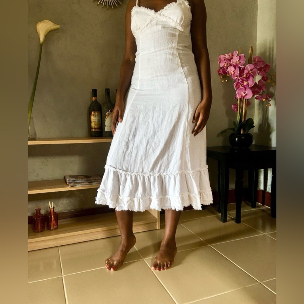 White Vintage Ashley Ruffle Hem Midi Dress - L